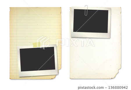 Set of old blank photograph paper horizontal frame stick on vintage notepapers by adhesive tape and paper clip isolated Set of old blank photograph paper horizontal frame stick on vintage notepapers by adhesive tape and paper clip isolated 136880942