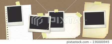 Many old blank photograph paper and old notepaper stick on craft paper background have blank space. Many old blank photograph paper and old notepaper stick on craft paper background have blank space. 136880945