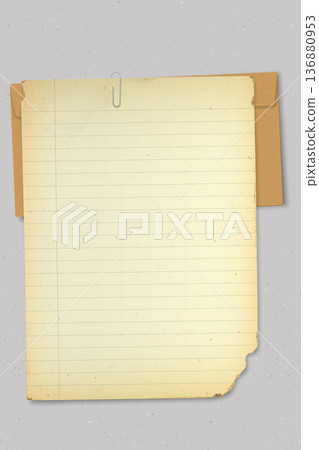 Vintage foolscap paper with stains effect attached by paper clip with brown envelope on cement texture vertical background Vintage foolscap paper with stains effect attached by paper clip with brown envelope on cement texture vertical background 136880953