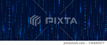 Binary Rain code on blue abstract background. Technology and security. Futuristic cyber matrix with computer information and science fiction depth. Vector illustration 136880977