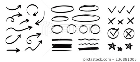 Arrow, circle, underline marker hand pen set. Arrow line marker hand drawn brush pencil sketch. Doodle check, cross, star oval round icon sign symbol texture rough. Vector 136881003