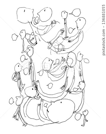 Hand-drawn illustration of many people holding speech bubbles and exchanging opinions 136881055