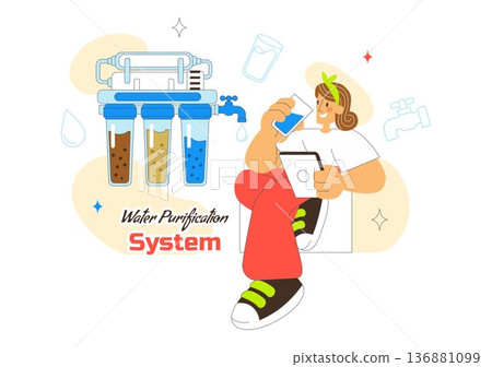 Water Purification System Technology Illustration Featuring Clean Drinking Water Filtration Process With Eco Friendly Industrial Solution Background Water Purification System Technology Illustration Featuring Clean Drinking Water Filtration Process With Eco Friendly Industrial Solution Background 136881099