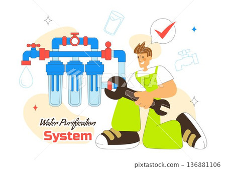 Water Purification System Technology Illustration Featuring Clean Drinking Water Filtration Process With Eco Friendly Industrial Solution Background Water Purification System Technology Illustration Featuring Clean Drinking Water Filtration Process With Eco Friendly Industrial Solution Background 136881106