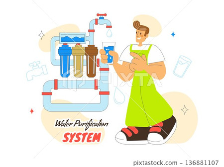 Water Purification System Technology Illustration Featuring Clean Drinking Water Filtration Process With Eco Friendly Industrial Solution Background Water Purification System Technology Illustration Featuring Clean Drinking Water Filtration Process With Eco Friendly Industrial Solution Background 136881107