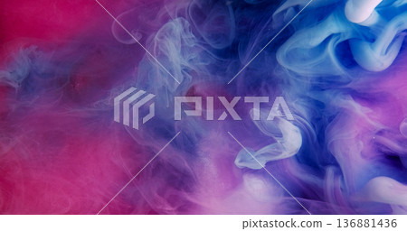 Smoke water blend. Paint steam texture. Blur pink purple blue color splash fume pigment glitter cloud vapor spreading on abstract underwater background. 136881436