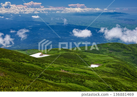 View of the Shonai Plain and the Sea of Japan from the outer rim of Mt. Chokai 136881469