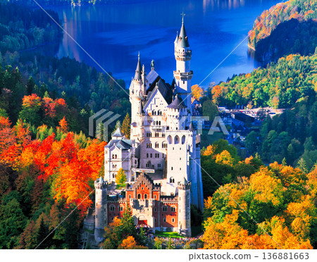 Spectacular view of Neuschwanstein Castle in autumn Spectacular view of Neuschwanstein Castle in autumn 136881663