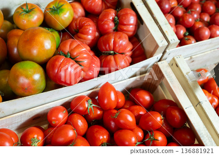 In warehouse of store - plastic boxes filled to top with ripe red tomatoes fruits. 136881921