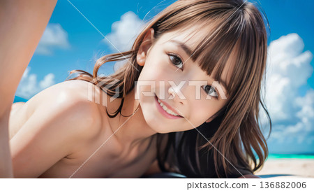 Smiling young woman in bikini swimsuit on summer beach 136882006