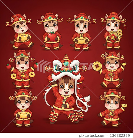 Adorable Cartoon Horses Celebrating Chinese New Year Festivities 136882259