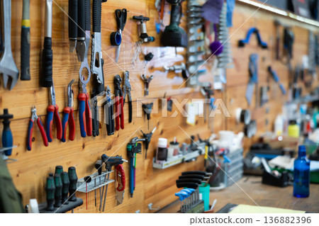 Interior of bicycle repair service with tools Interior of bicycle repair service with tools 136882396