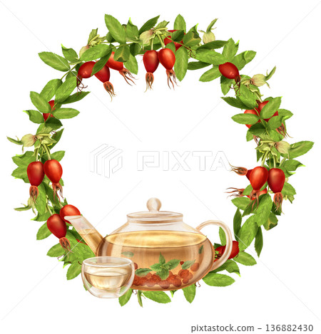 Watercolor wreath of berries and rosehip leaves with a teapot. Hand-drawn illustration on a white isolated background. Suitable for packaging design, product cards, labels, and fabric printing. Watercolor wreath of berries and rosehip leaves with a teapot. Hand-drawn illustration on a white isolated background. Suitable for packaging design, product cards, labels, and fabric printing. 136882430