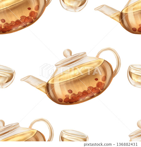 A seamless pattern of a transparent teapot and cup with rosehip tea. Hand-drawn watercolor illustration. Can be used for product packaging, tea labels, and printing on fabric and paper. A seamless pattern of a transparent teapot and cup with rosehip tea. Hand-drawn watercolor illustration. Can be used for product packaging, tea labels, and printing on fabric and paper. 136882431