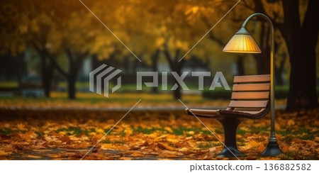 Wooden chair in the autumn garden blurred background, AI Generated 136882582