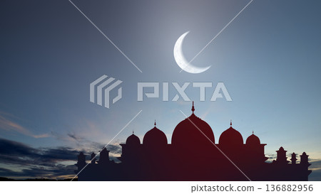 Silhouette of a mosque with domes against a twilight sky featuring a large crescent moon. Ideal for Islamic religious celebrations, Ramadan Kareem, Eid al-Fitr, and spiritual backgrounds Silhouette of a mosque with domes against a twilight sky featuring a large crescent moon. Ideal for Islamic religious celebrations, Ramadan Kareem, Eid al-Fitr, and spiritual backgrounds 136882956