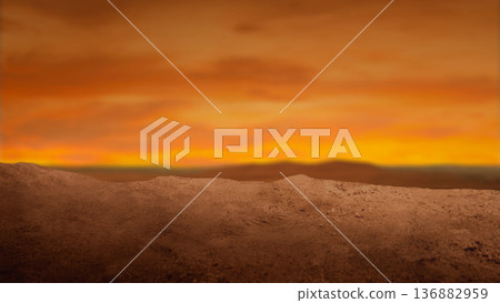 Dramatic low-angle view of a sandy desert mound under a fiery sunset sky with dark storm clouds and golden light. Ideal for cinematic backgrounds and conceptual themes Dramatic low-angle view of a sandy desert mound under a fiery sunset sky with dark storm clouds and golden light. Ideal for cinematic backgrounds and conceptual themes 136882959