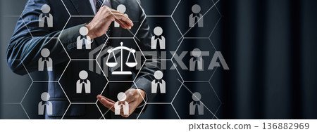 Businessman protecting a network of employees and justice scales, representing corporate legal compliance, labor law, ethical management, and human resources protection 136882969