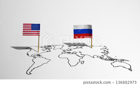 Symbolic representation of international relations and geopolitical influence featuring the United States and Russian flags on a hand-drawn world map outline Symbolic representation of international relations and geopolitical influence featuring the United States and Russian flags on a hand-drawn world map outline 136882973