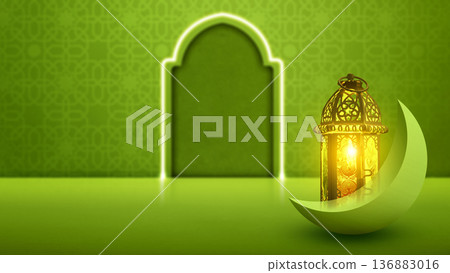 A beautiful green Islamic background for Ramadan or Eid celebrations featuring a glowing ornate lantern, a crescent moon, and an archway with traditional patterns. Perfect for holiday greetings A beautiful green Islamic background for Ramadan or Eid celebrations featuring a glowing ornate lantern, a crescent moon, and an archway with traditional patterns. Perfect for holiday greetings 136883016