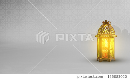 Beautiful golden Arabic lantern glowing with warm light on a minimalist grey background with Islamic patterns and mosque silhouette. Ideal for Ramadan and Eid greeting designs 136883020