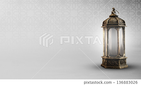 A beautifully detailed traditional Arabic fanous lantern against a light grey background with a subtle Islamic geometric pattern, offering plenty of room for custom text A beautifully detailed traditional Arabic fanous lantern against a light grey background with a subtle Islamic geometric pattern, offering plenty of room for custom text 136883026