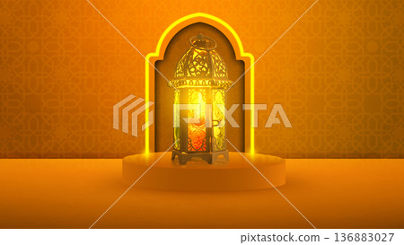 A 3D illustration of a traditional Arabic fanous lantern glowing on a podium against an orange background with Islamic geometric patterns and a glowing arch for Ramadan or Eid A 3D illustration of a traditional Arabic fanous lantern glowing on a podium against an orange background with Islamic geometric patterns and a glowing arch for Ramadan or Eid 136883027