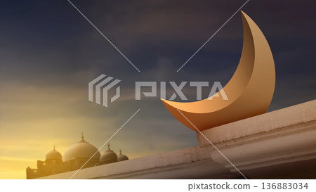 A large golden crescent moon sits on a ledge with a mosque silhouette in the background during sunset, perfect for Ramadan Kareem and Eid Mubarak celebrations A large golden crescent moon sits on a ledge with a mosque silhouette in the background during sunset, perfect for Ramadan Kareem and Eid Mubarak celebrations 136883034