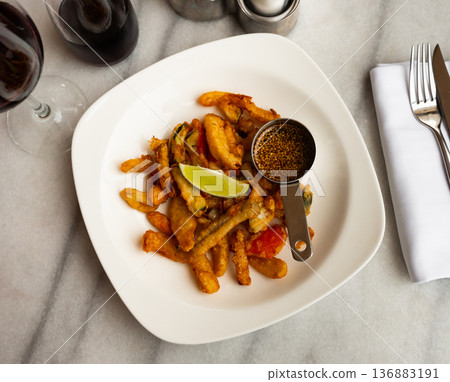 Vegetable tempura with soy and lime close up. Japanese cuisine 136883191