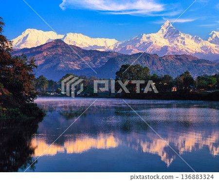 Spectacular view of the Annapurna mountain range from Pokhara Spectacular view of the Annapurna mountain range from Pokhara 136883324