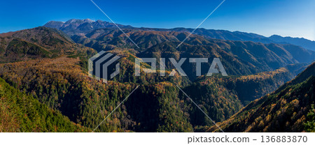 秋日晴朗，禦嶽山在岐阜縣下呂市小坂町的御岳全景線上緩緩流淌，是日本最大的熔岩流。 136883870