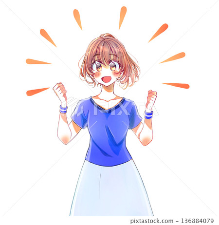 一名身穿藍色制服、表情燦爛的女子雙手握拳 一名身穿藍色制服、表情燦爛的女子雙手握拳 136884079