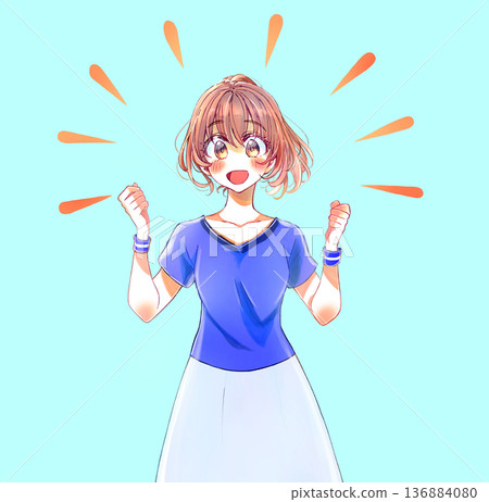 一名身穿藍色制服、表情燦爛的女子雙手握拳 一名身穿藍色制服、表情燦爛的女子雙手握拳 136884080
