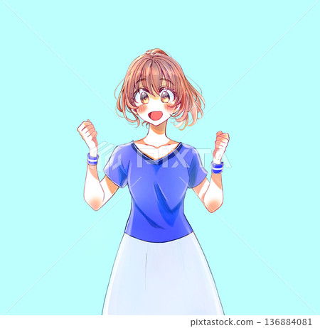 一名身穿藍色制服、表情燦爛的女子雙手握拳 136884081