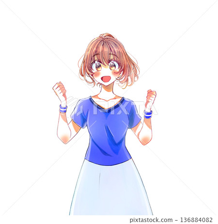 一名身穿藍色制服、表情燦爛的女子雙手握拳 136884082