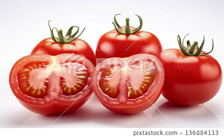 白色背景上的切好番茄和整顆番茄。新鮮紅色蔬菜的特寫。 136884133