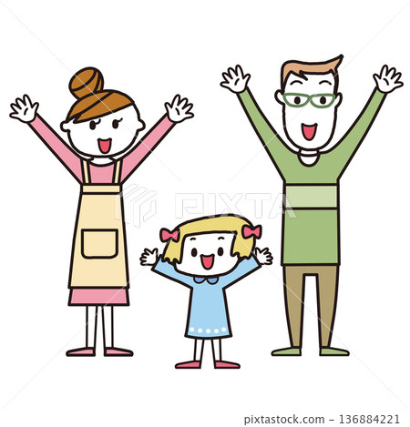 A friendly family of three raises their arms enthusiastically 136884221