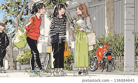 Young housewives (mom friends) enjoying conversation on the street 136884645