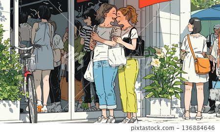 Young housewives (mom friends) enjoying conversation on the street 136884646