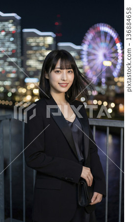 一位身穿夾克的女子麵帶微笑，背景是橫濱港未來區的夜景。 136884658