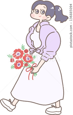 Illustration of a smiling girl holding a bouquet of anemones Illustration of a smiling girl holding a bouquet of anemones 136885094