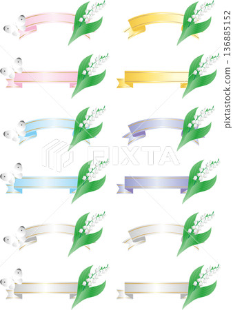 Lily of the valley and butterfly ribbon frame set. Decorative banner material for spring celebrations, gifts, and headings Lily of the valley and butterfly ribbon frame set. Decorative banner material for spring celebrations, gifts, and headings 136885152