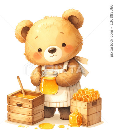 Cute bear beekeeper collecting honey, watercolor illustration, white background, cutout 2 / material for flyers and posters 136885366