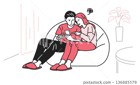 A couple having trouble with their smartphone A couple having trouble with their smartphone 136885579