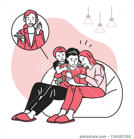 一家人正在用智慧型手機與接線員通話。 一家人正在用智慧型手機與接線員通話。 136885588