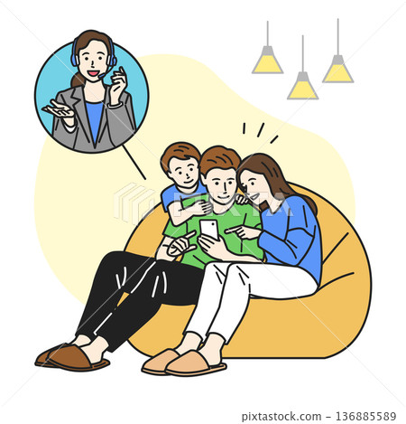 一家人正在用智慧型手機與接線員通話。 一家人正在用智慧型手機與接線員通話。 136885589