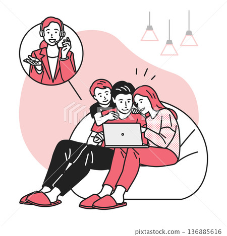 A family talking to an operator while operating a computer 136885616