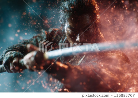 Close-up of a Japanese samurai: the powerful expression of a warrior unsheathing his sword 136885707