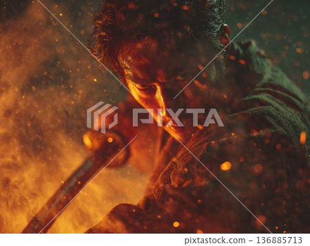 Close-up of a Japanese samurai: the powerful expression of a warrior unsheathing his sword 136885713