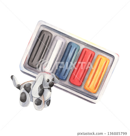 Box with colorful wax modeling clay, dog sculpted by child. Hand-painted watercolor illustration isolated on white for kids design, art class materials, education projects, packaging, nursery branding Box with colorful wax modeling clay, dog sculpted by child. Hand-painted watercolor illustration isolated on white for kids design, art class materials, education projects, packaging, nursery branding 136885799